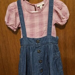Cat & Jack Pink Plaid Top with Blue Denim Overall Dress